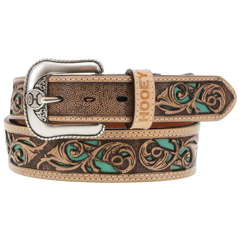 Leather Leash- Turquoise Center- Hand Painted & Tooled