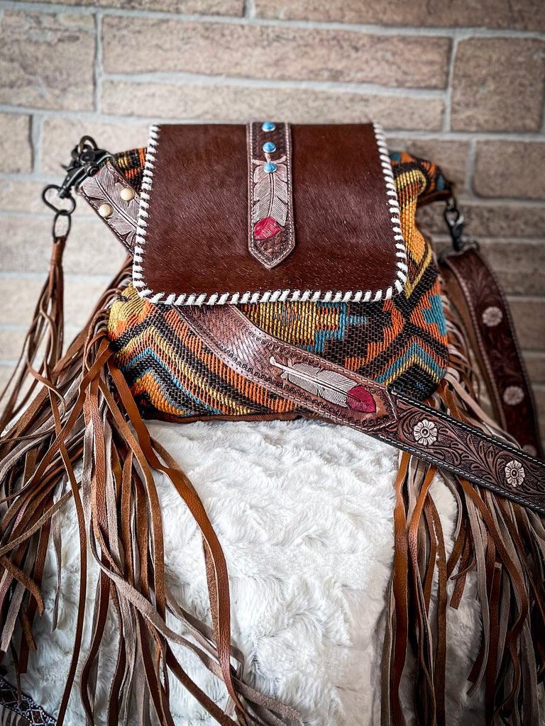 Western Handbag Brown Suede Leather Cross Body Bag Purse Fringe Beads Work  Sac