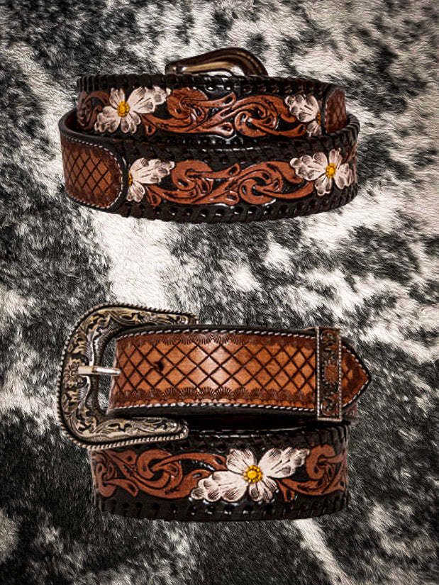 Myra Bag Checkered Brown Hand-Tooled Leather Belt S-4059, Medium