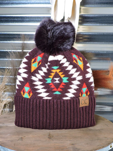 C.C. - Aztec - Pom Beanie - Dark Berry - Western Accessory - Winter Hat - Bronco Western Supply Co.