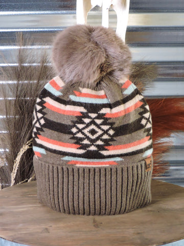 C.C. - Aztec - Pom Beanie - Brown - Western Accessory - Winter Hat - Bronco Western Supply Co.