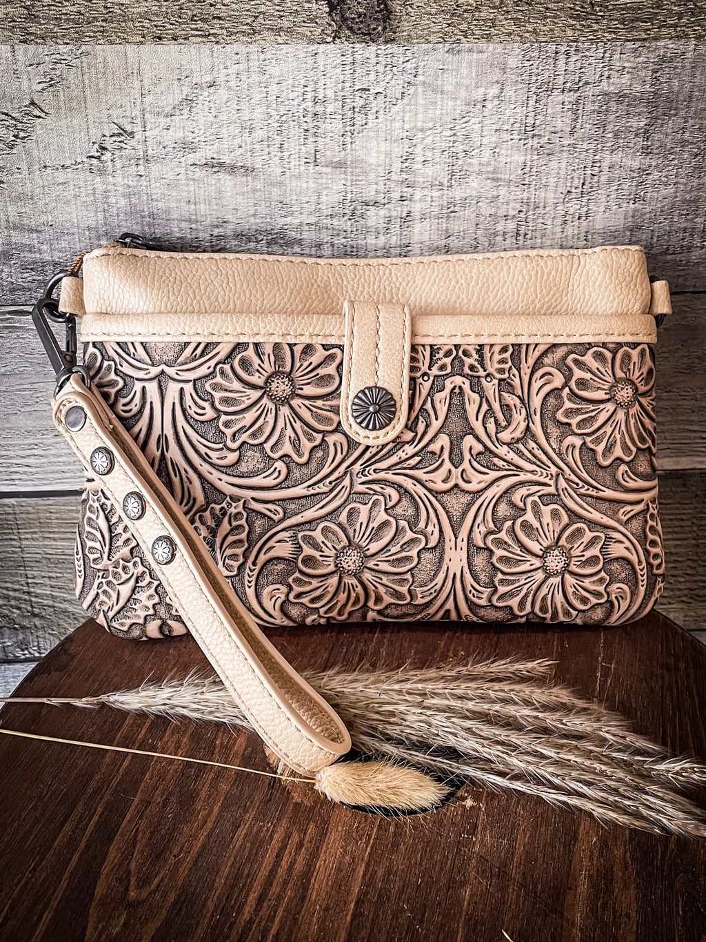 Wrangler Vintage Floral Tooled Collection Crossbody - Tan