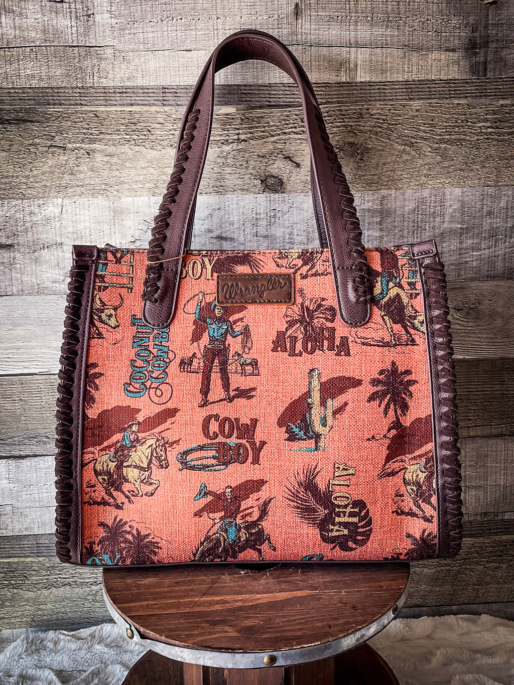 Wrangler Southwestern Pattern Dual Sided Print Canvas Wide Tote -Brown