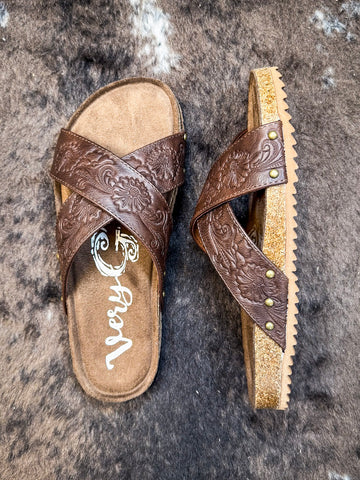 Jaycee Sandals in Brown - Very G - Slide Sandal - Western - Footwear - Bronco Western Supply Co.