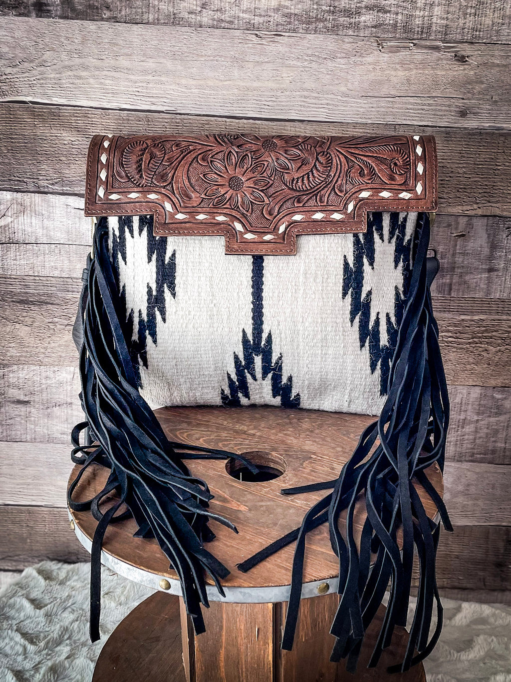 American Darling Brown and White Cowhide With Tooled Flower Flap Purse