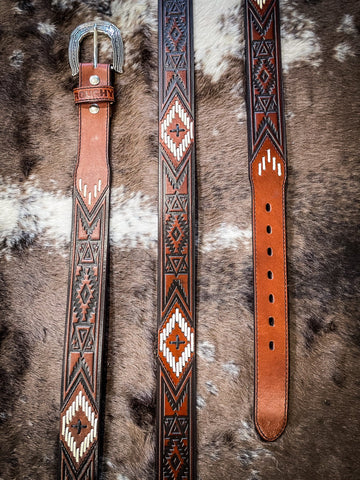 "Choctaw" Roughy Tooled/Laced Belt Brown/Ivory/Black Aztec - Apparel - Hooey - Bronco Western Supply Co.