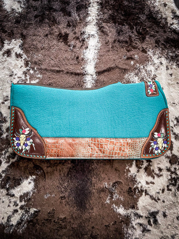 Hand Painted Steer Skull Saddle Pad - Aqua - Saddle Pads - Tough 1 - Bronco Western Supply Co.