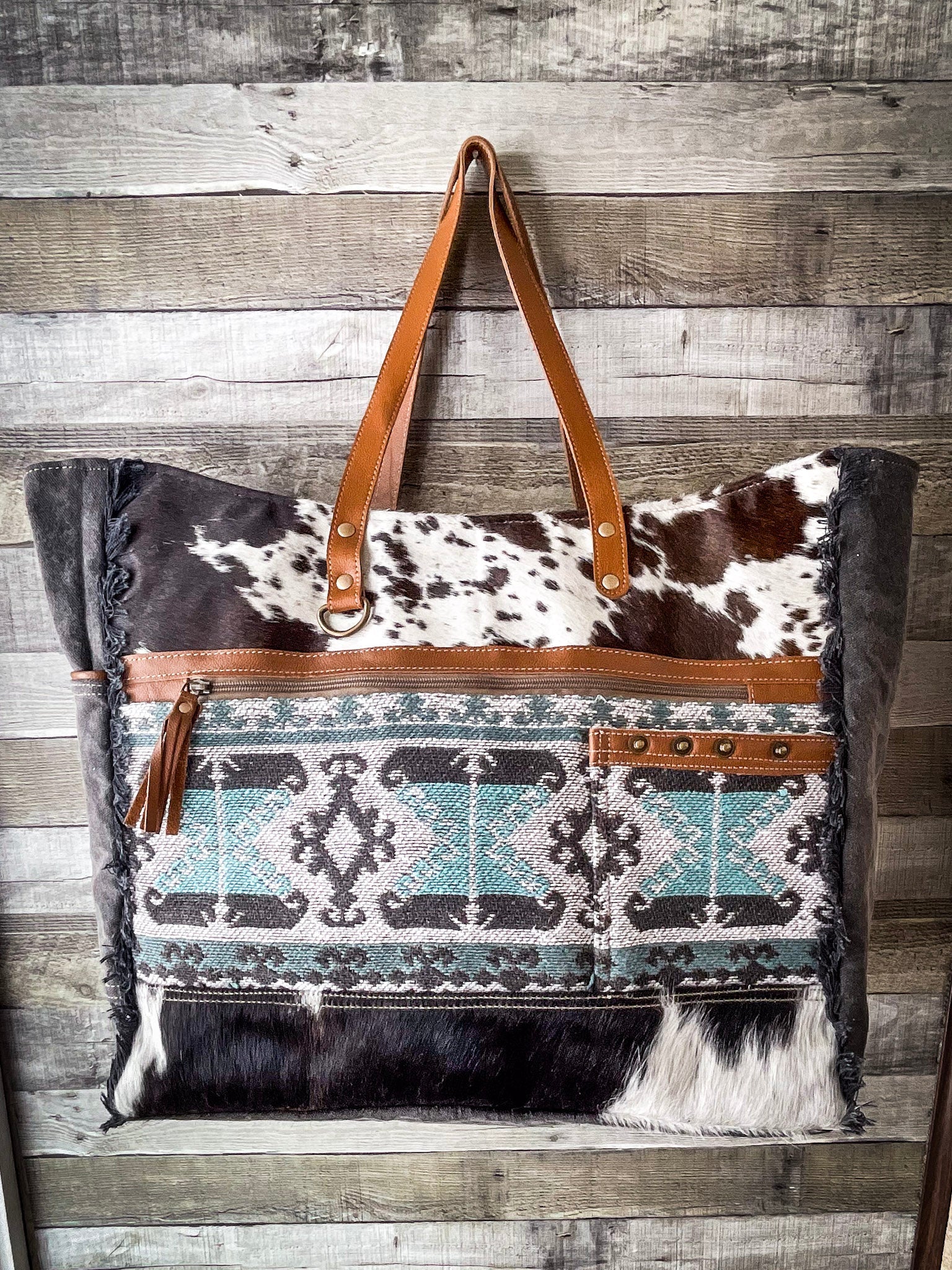 Myra Bag Leone Southwestern Tote Leather Hair On selling Cowhide Canvas Western NEW