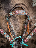 Silver Royal Blue and Pink Floral Browband Headstall - Headstalls & Accessories - Tough 1 - Bronco Western Supply Co.