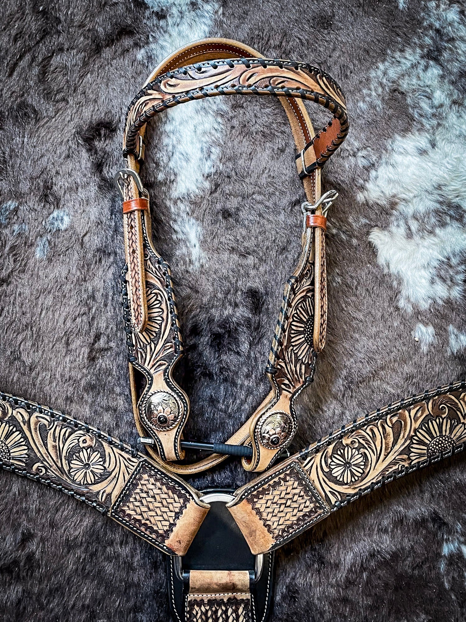 Online Beaded Sunflower Leather One Ear Headstall and Breast Collar Tack Set - Western Horse Tack