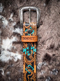 "Sundown" Tan/Rust Aztec Filigree Embossed Hooey Belt - Apparel - Hooey - Bronco Western Supply Co.