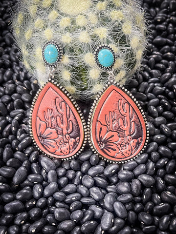 Reese Turquoise and Cactus Tooled Leather Stud Earrings Jewelry Bronco Western Supply Co. Bronco Western Supply Co. 